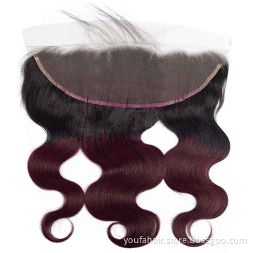 Human Virgin Hair 13x4 Ombre 2 Tone Color 1b 99J/Green/Blue/Red/350/Burgundy Body Wave Swiss Lace Frontal with Bundles Closure